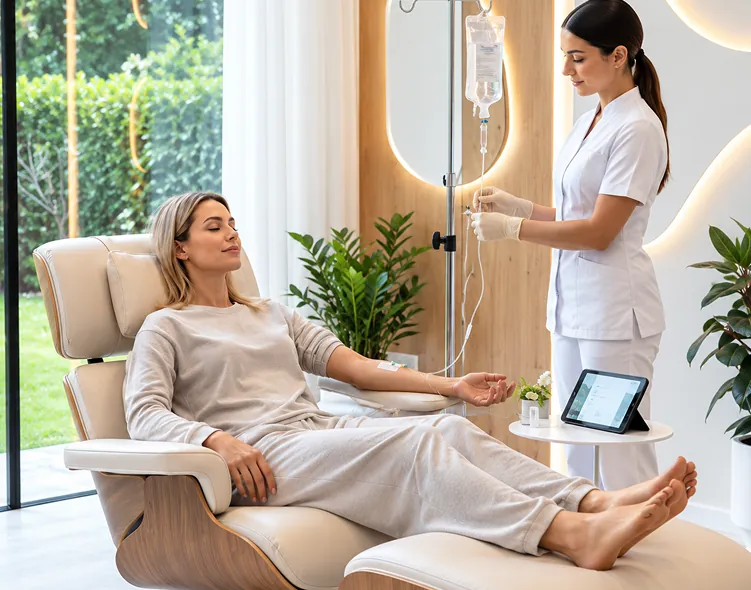 Client relaxing during IV therapy with an ELLA nurse